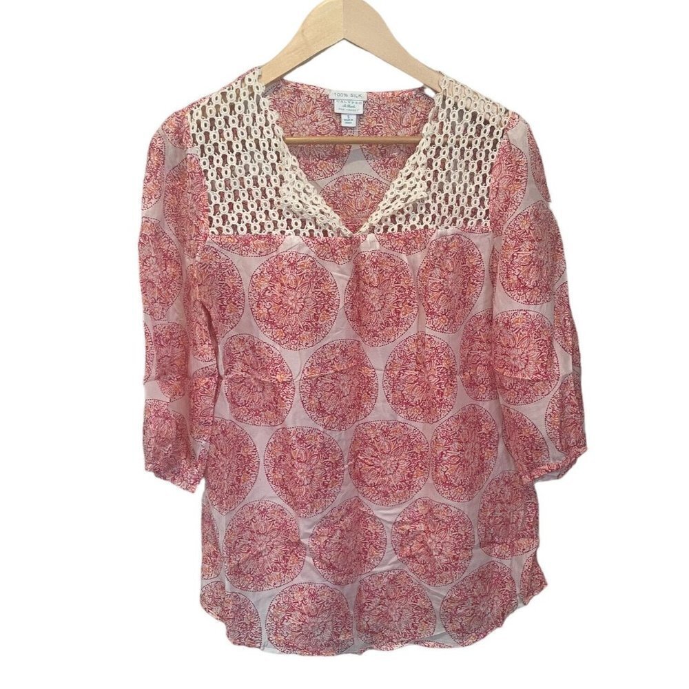 Calypso St. Barth Target 100% Silk Tunic Top S Medallion Crochet Boho Blouse